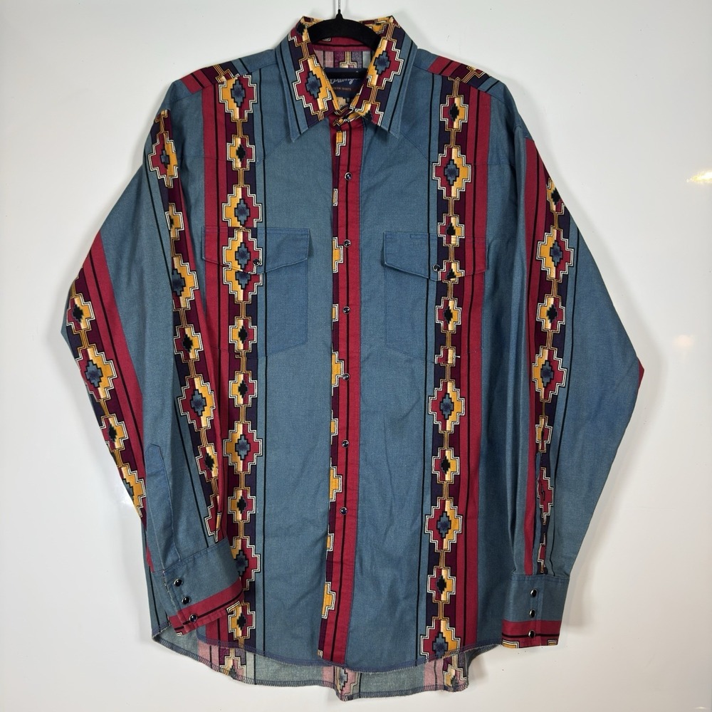 Vintage Wrangler Shirt Mens L Blue Pearl Snap Aztec Brushpopper Western Cowboy